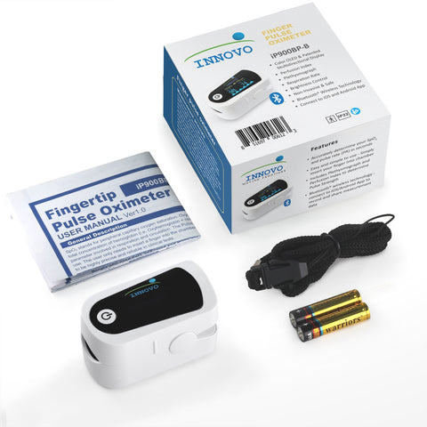 Innovo iP900BP-B Bluetooth Fingertip Pulse Oximeter, Blood Oxygen Monitor with Free App, Plethysmograph, and Perfusion Index (Snowy White)