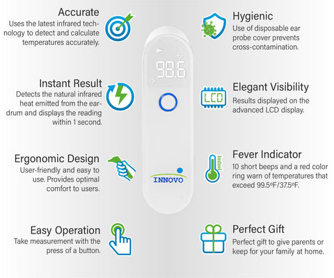 Innovo Medical iE100B Reusable Infrared Digital Ear Thermometer, Professional Series,  with Fever Alert Detection and 20x Disposable Probes